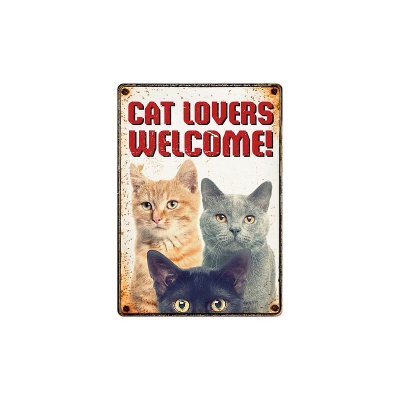 Plaque de garde métallique : Amoureux des chats - Bienvenue
